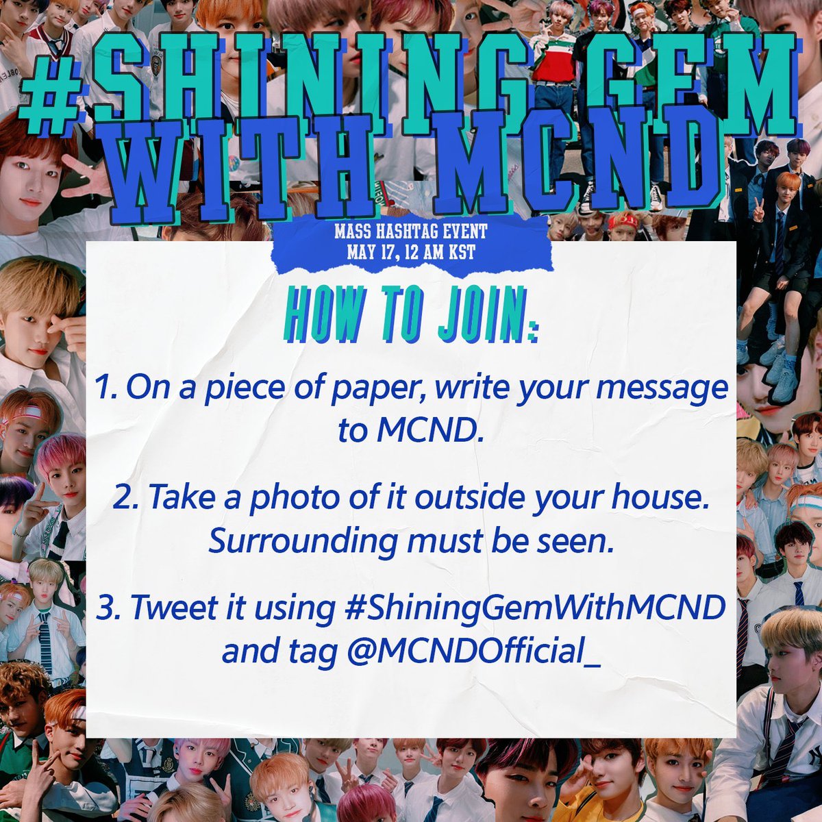 MCND_Support's tweet photo. [FANS PROJECT]

This May 17th let's celebrate the first month being Gems dedicating a beautiful message to a gem or a member of MCND

🗓 17/5
⏰ All day
#️⃣ #ShiningGemWithMCND 

#MCND @McndOfficial_ https://t.co/TgVWRr2oW7