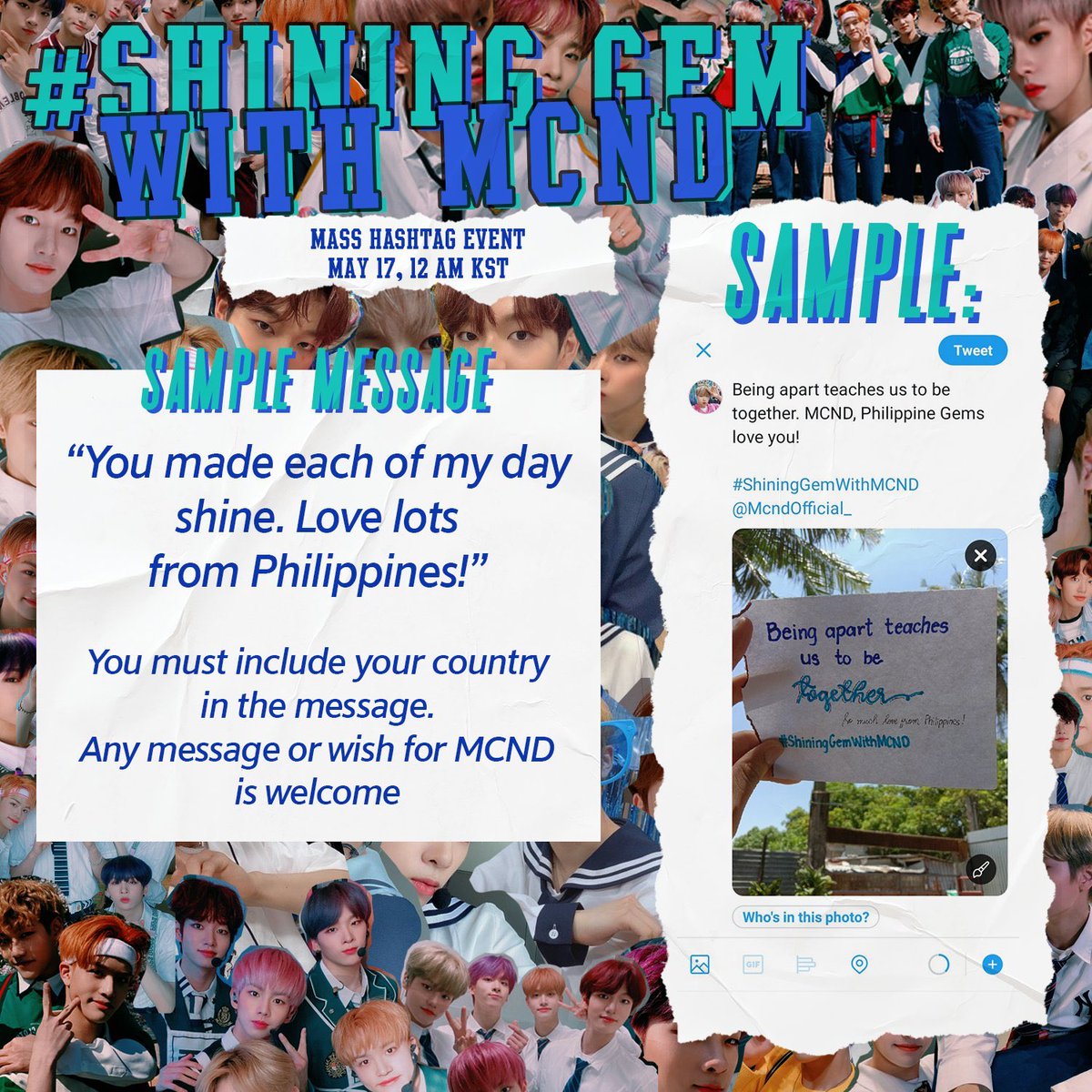 MCND_Support's tweet photo. [FANS PROJECT]

This May 17th let's celebrate the first month being Gems dedicating a beautiful message to a gem or a member of MCND

🗓 17/5
⏰ All day
#️⃣ #ShiningGemWithMCND 

#MCND @McndOfficial_ https://t.co/TgVWRr2oW7