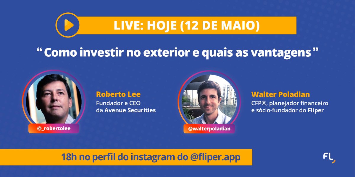 Fliperapp's tweet photo. Como investir no exterior? Quais as vantagens? Quais os riscos? 🤔

Esclareça todas as suas dúvidas ao vivo com o fundador e CEO da @Avenuesec , Roberto Lee, e com o fundador do @Fliperapp , @walterpoladian !

Hoje, às 18h, no Instagram https://t.co/OakN0ezY7I 📲 https://t.co/75DpWDztge