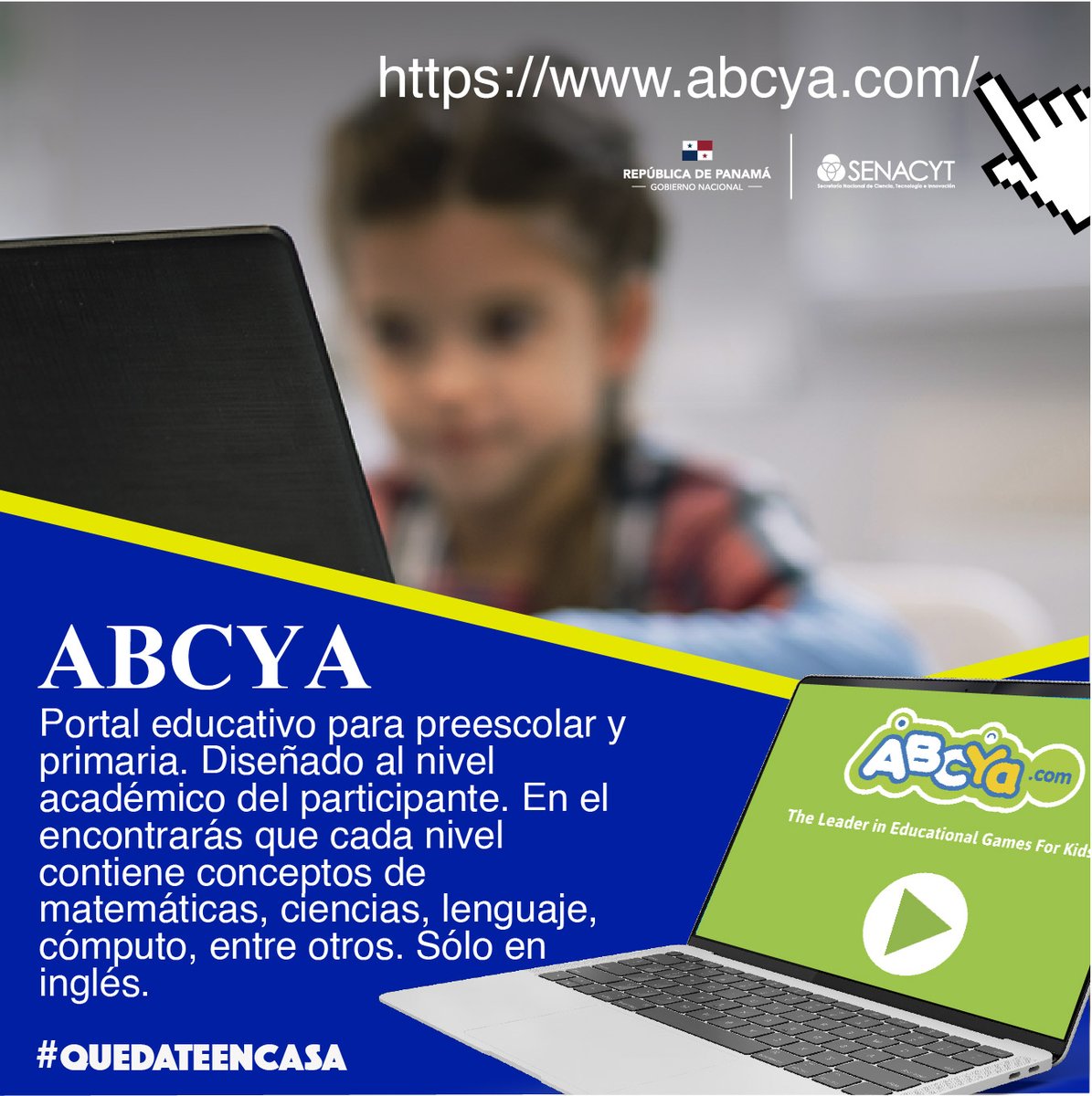 HoraCodigoPTY's tweet photo. #QuédateEnCasa desde el portal educativo ABCYA para preescolar y primaria, el participante podrá encontrar actividades de matemáticas, lenguaje, ciencia, cómputo entre otros. 🔗https://t.co/tPz7Dot4zt 
👉Soló en inglés. https://t.co/EVZ59DRQDh