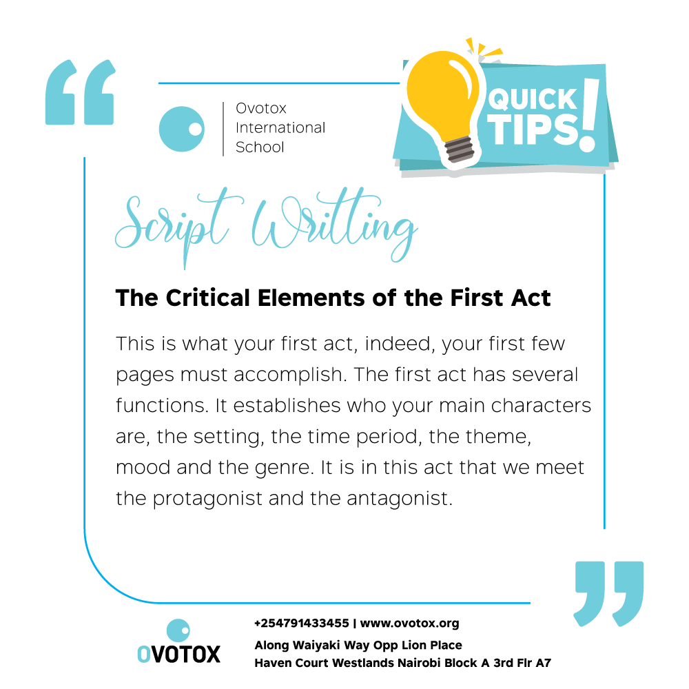 OvotoxHQ's tweet image. it is very vital to introduce your audience to the whole world of your script. Doing so in a proper way keeps your audience active with anticipation.
bit.ly/2SNK8CV
#scriptingtips #howtoscriptwrite #sharpenyourskills #Ovotox #OIS #bestfilmproductionschoolinNairobi #art