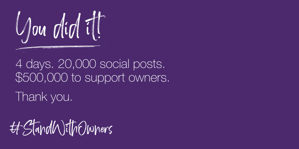 TELUSBusiness's tweet photo. We’ve seen the nation #StandWithOwners. Because of the incredible response, as of 10AM EST May 12 we are not accepting new requests to purchase $25 gift cards. Please be patient as we work to fulfill your orders. Stay tuned for the many ways you can continue to #StandWithOwners https://t.co/6YrS3waanE