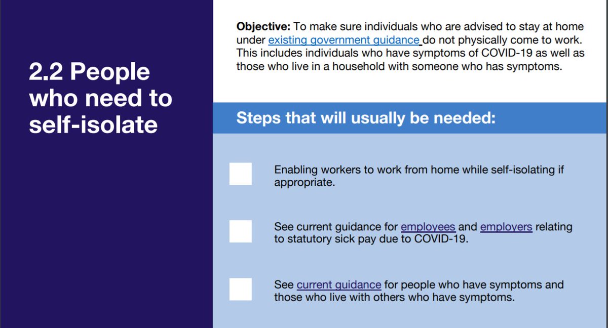 Much of the new  #Covid19 guidance focuses on familiar messages: social distancing, handwashing, wiping down surfaces, etc. And as throughout this  #pandemic, low paid workers are instructed to self-isolate for up to 14 days without being given the means to do so. /13