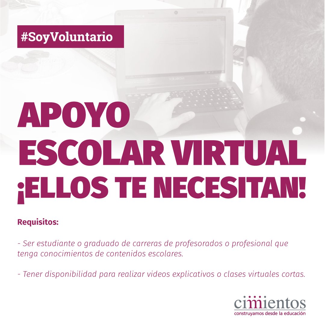 [ATENCIÓN] Participá con nosotros y sumate como voluntario. Escribinos a voluntarios@cimientos.org con el asunto "Apoyo Escolar", aclarando la materia que podrías explicar. Tu ayuda es importante. #SomosEducación #SoyVoluntario