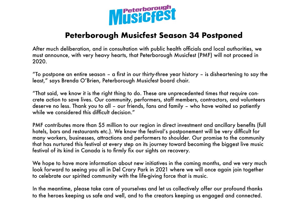PtboMusicfest's tweet photo. A message from Peterborough Musicfest: 

After much deliberation, and in consultation with public health officials and local authorities, we must announce, with very heavy hearts, that Peterborough Musicfest (PMF) will not proceed in 2020.

Full release attached. https://t.co/hrMIBGu2CP