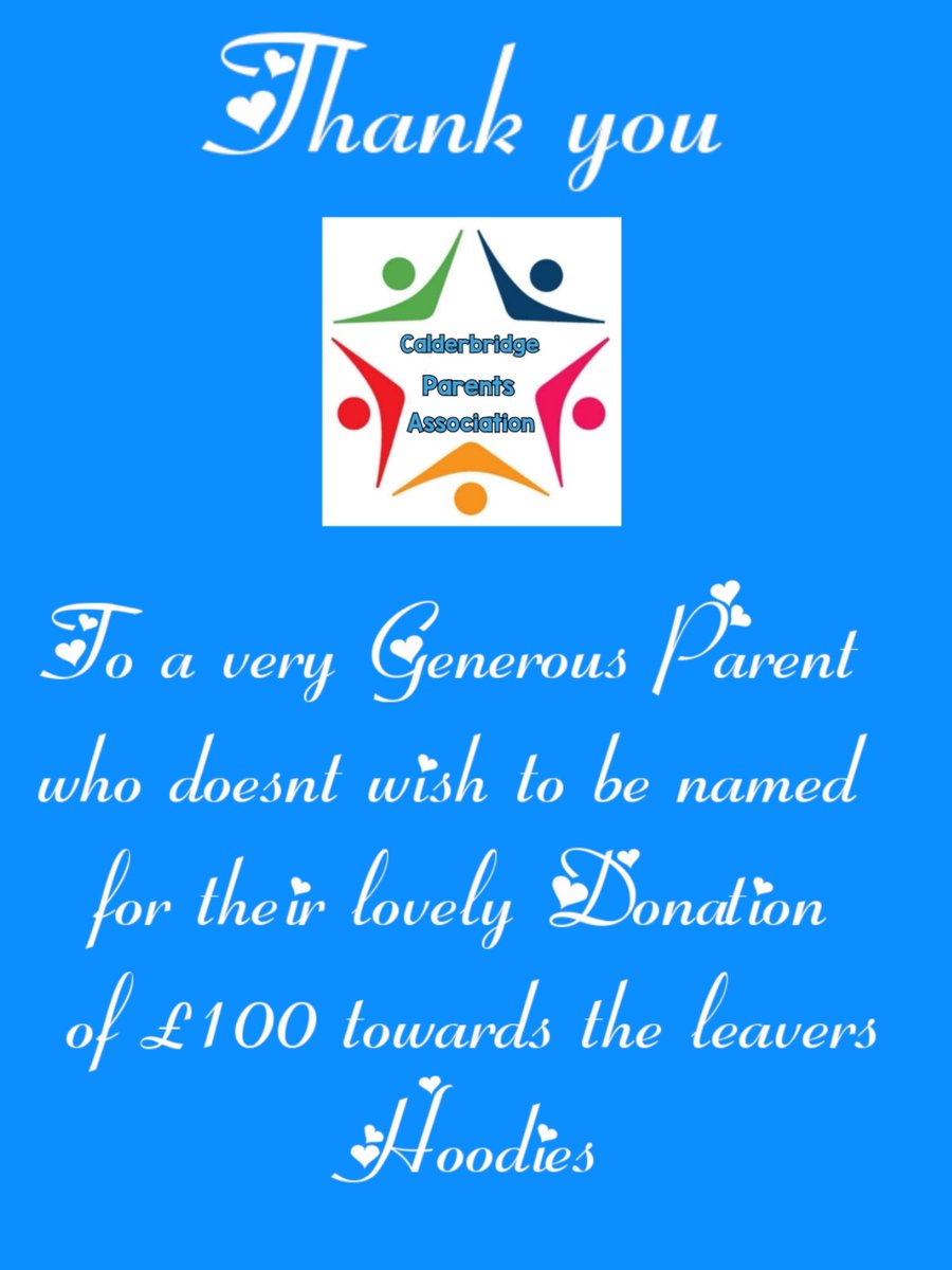 On behalf of everyone here at Calderbridge Parents Association ..... THANK YOU to the very Generous Parent for their Donation of £100 towards the Hoodies that we are purchasing from funds raised already  ..... 

We are completely blown away with this 😊

<a href="/calderbridgeps/">Calderbridge Primary School and Nursery Class</a>