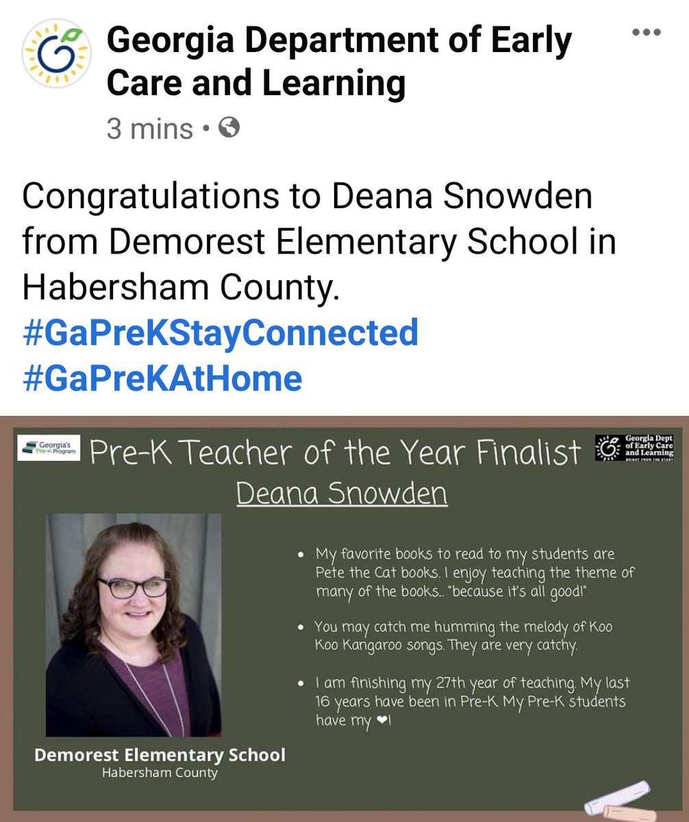 Congratulations to our own Ms. Snowden! She is a finalist for Pre-K Teacher of the Year for Georgia!  We are roaring for you Ms. Snowden!!