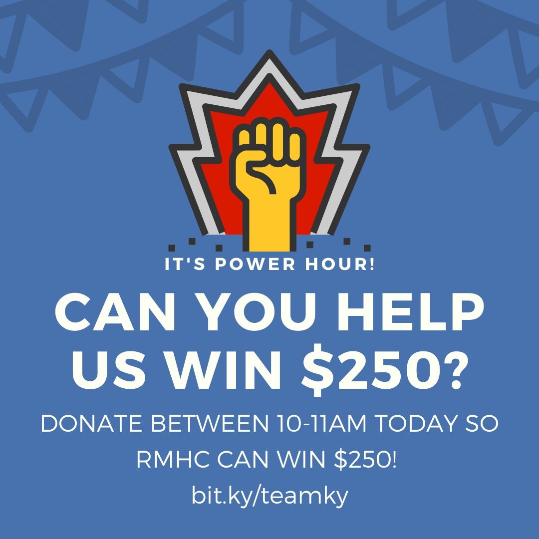 It’s time for a #KYGives20 power hour, which means it’s time to refill that coffee cup &amp; visit bit.ly/teamky to help your favorite nonprofit (RMHC!) win $250! The #nonprofit w/most # of unique donors from 10-11am EDT will win #teamky
