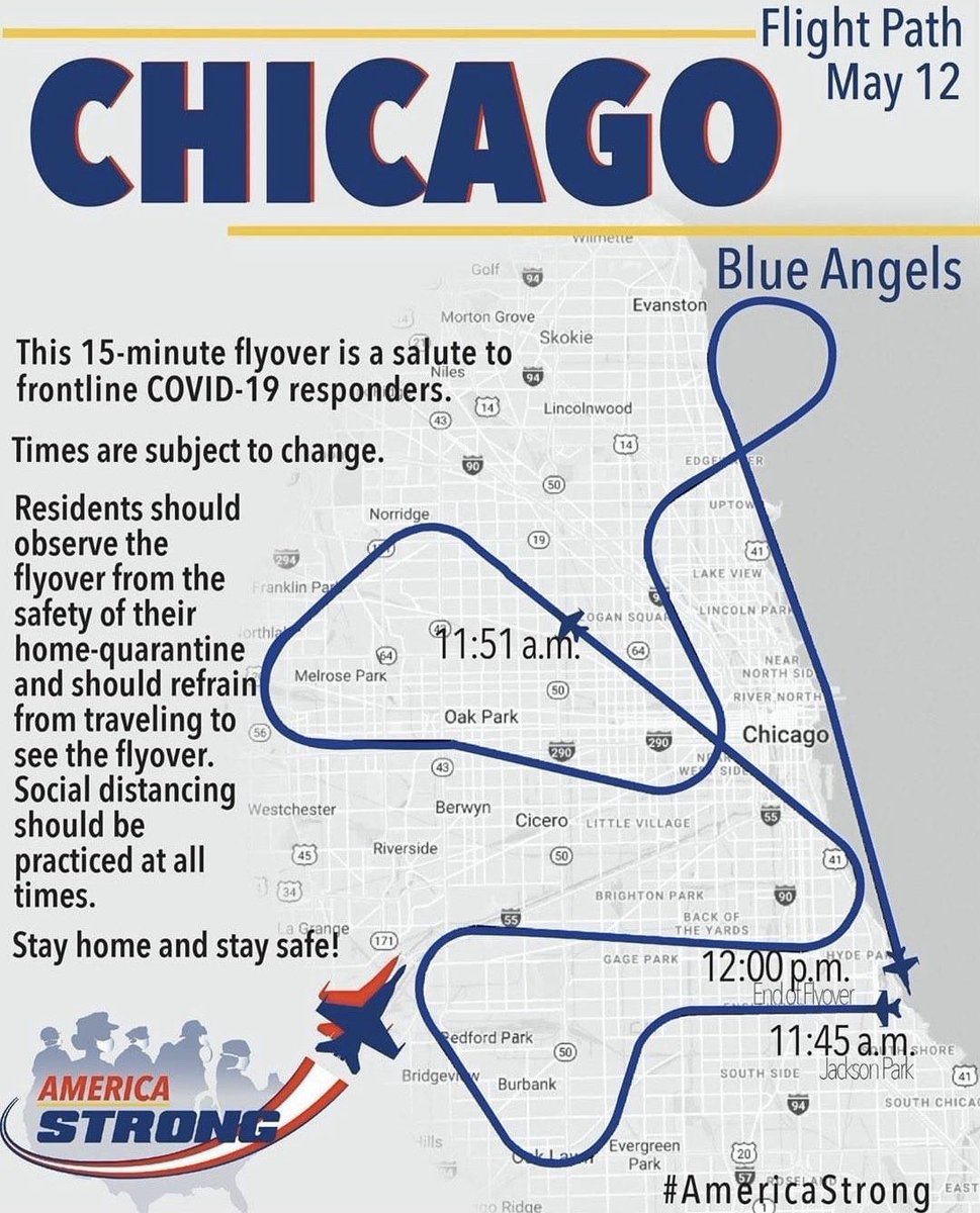 Chicago_Police's tweet photo. The @BlueAngels will fly over Chicago today to salute healthcare workers, first responders and other essential workers on the frontlines of the #COVID19 pandemic. We are reminding those who will be watching the flyover to please practice social distancing and stay safe. https://t.co/A3CxeVGwPJ