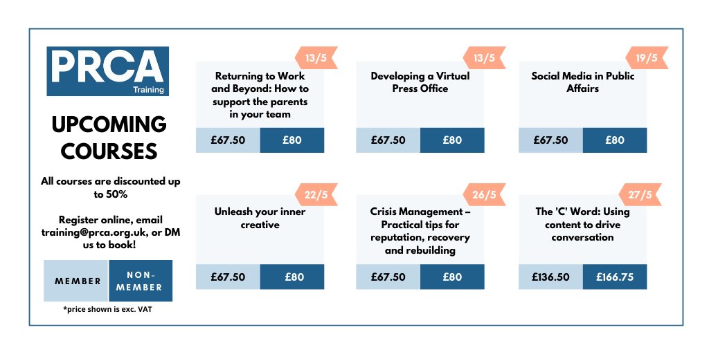 PRCAtraining's tweet photo. Now is a great time to invest in your career and become a #PRCAPro. We have some amazing courses coming up this month, including three BRAND NEW webinars! 👀⬇️

To book, visit https://t.co/djGU5e54fw, email training@prca.org.uk, or send us a DM! 👋 https://t.co/g7TsVL1EAe