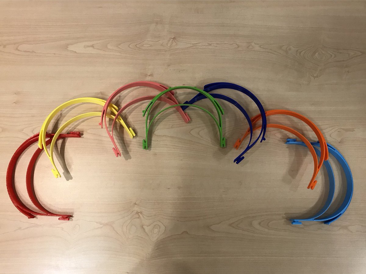 An #NHS rainbow of <a href="/Prusa3D/">Prusa3D</a> #faceshields assembled by our night shift last night #3dprinting #PPE #InternationalNursesDay2020