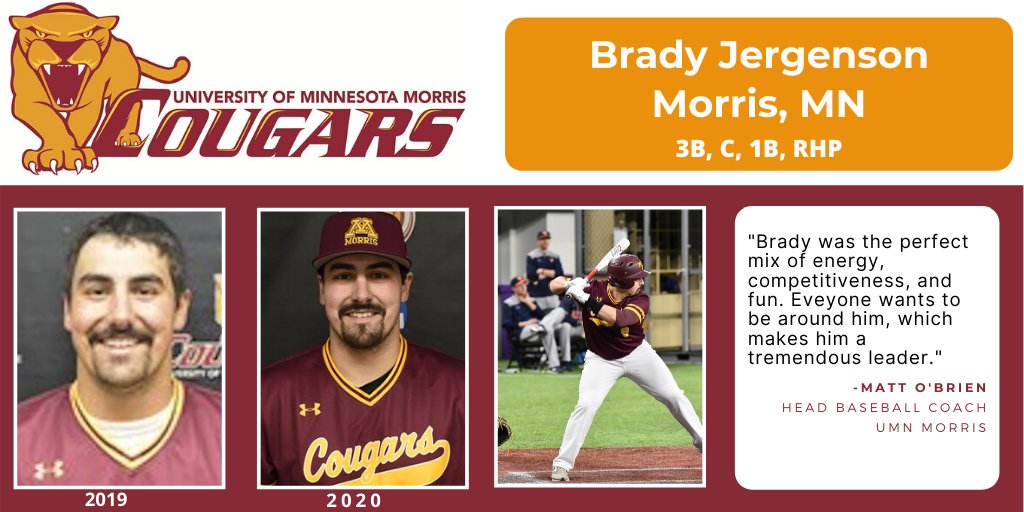 UMMCougarBB's tweet photo. We are honoring our Cougar ⚾️ Seniors this week, each of them having their own day of celebration.
This is Part 2 of 2: Brady Jergenson @BradyJergenson
 
Teammates describe him as outgoing, funny, competitive, dedicated, positive, a Morris Legend. #seniorsendoff #PlayforthePile https://t.co/vvrW9dxslX