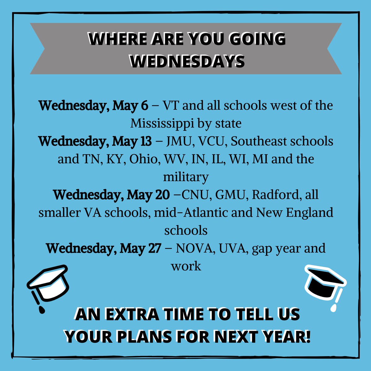 RockRidgeHigh's tweet photo. Tomorrow is another โWHERE ARE YOU GOING WEDNESDAY! ๐โ Students going to JMU, VCU, Southeast schools and TN, KY, Ohio, WV, IN, IL, WI, MI and the military make sure to post selfies in your college gear and tag @rockridge_sca with #phoenixfuture. https://t.co/fWeNiAUjDt