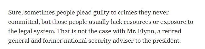 There's tons of legal scholarship about why innocent people plead guilty -  @shonhopwood (another Georgetown grad) is particularly strong on this point.Katyal waves it away by saying - "well, Flynn had money and connections."Never mind that he's been nearly bankrupted.