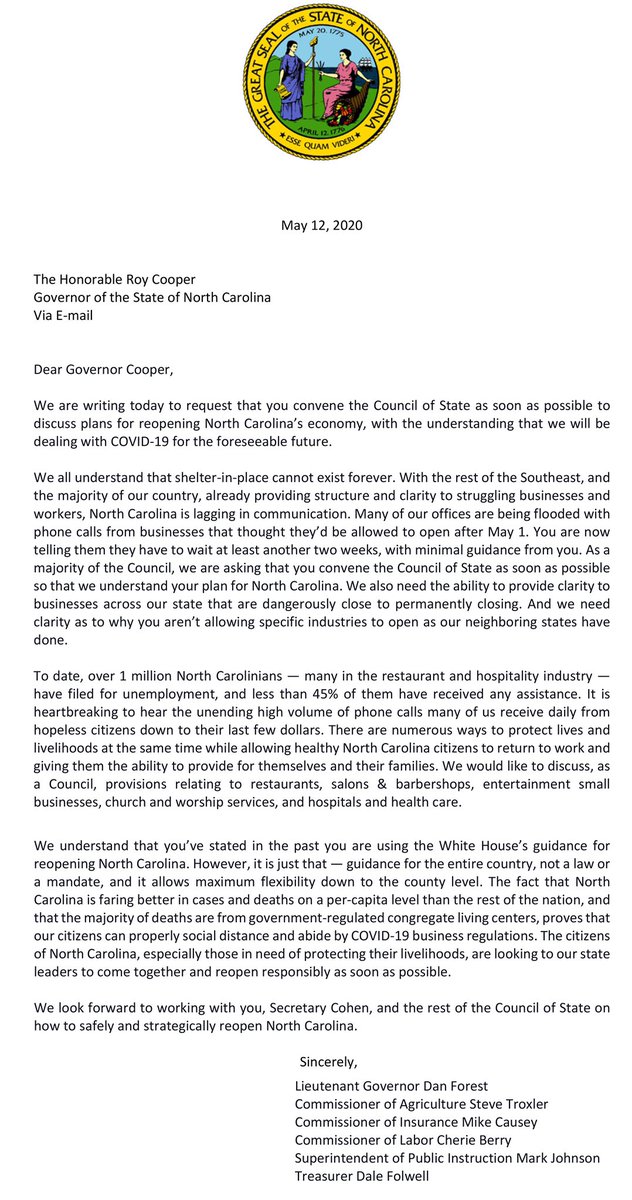 LtGovDanForest's tweet image. Letter to Gov. Cooper from a majority of the Council of State. #ncpol #ncga #COVID19