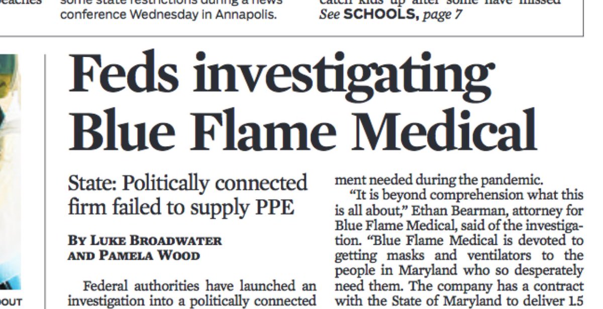 The Post’s story got more prominent placement elsewhere.  @baltimoresun ran it on A1, and reported:"The Hogan administration has awarded more than $341 million in quickly approved contracts during the crisis”7/  https://www.baltimoresun.com/coronavirus/bs-md-blue-flame-investigation-20200506-5n4xhclngrcebee4oksetmg23i-story.html