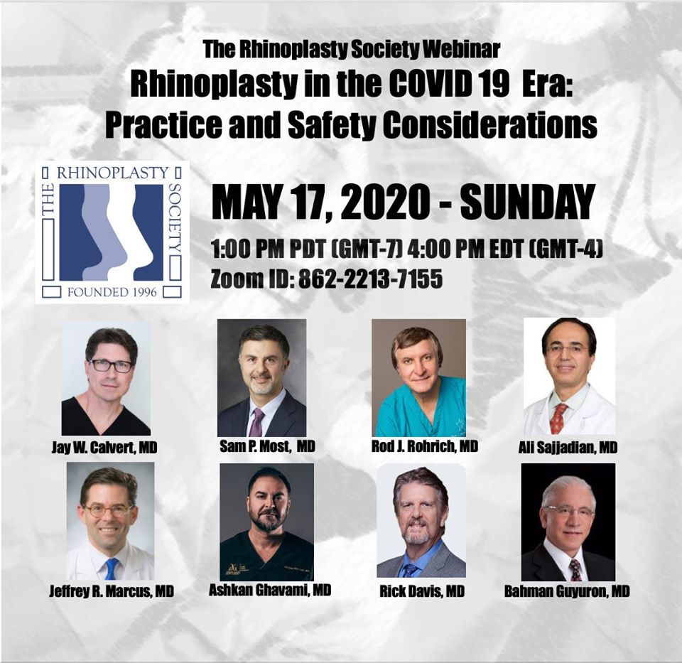 RhinoplastySoc's tweet photo. You are invited to a Zoom webinar. 
When: May 17, 2020 01:00 PM Pacific Time(US and Canada) 
Topic: Rhinoplasty in the COVID-19 Pandemic 
Register in advance for this webinar: 
https://t.co/tsaxxTXfB1 
After registering, you will receive an email about joining the webinar. https://t.co/n0j90UlMbZ