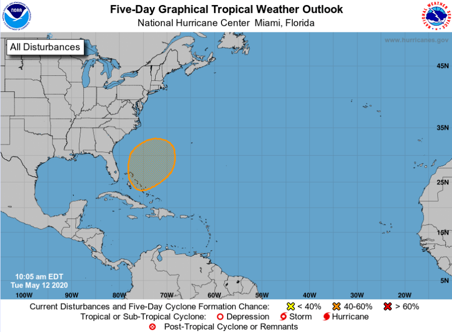 NHC_Atlantic's tweet photo. An area of low pressure is expected to develop this weekend to the northeast of the Bahamas. Environmental 
conditions appear conducive for this system to acquire some subtropical characteristics as it moves northeastward through Sunday. https://t.co/tW4KeFW0gB https://t.co/ypMZ099QP6