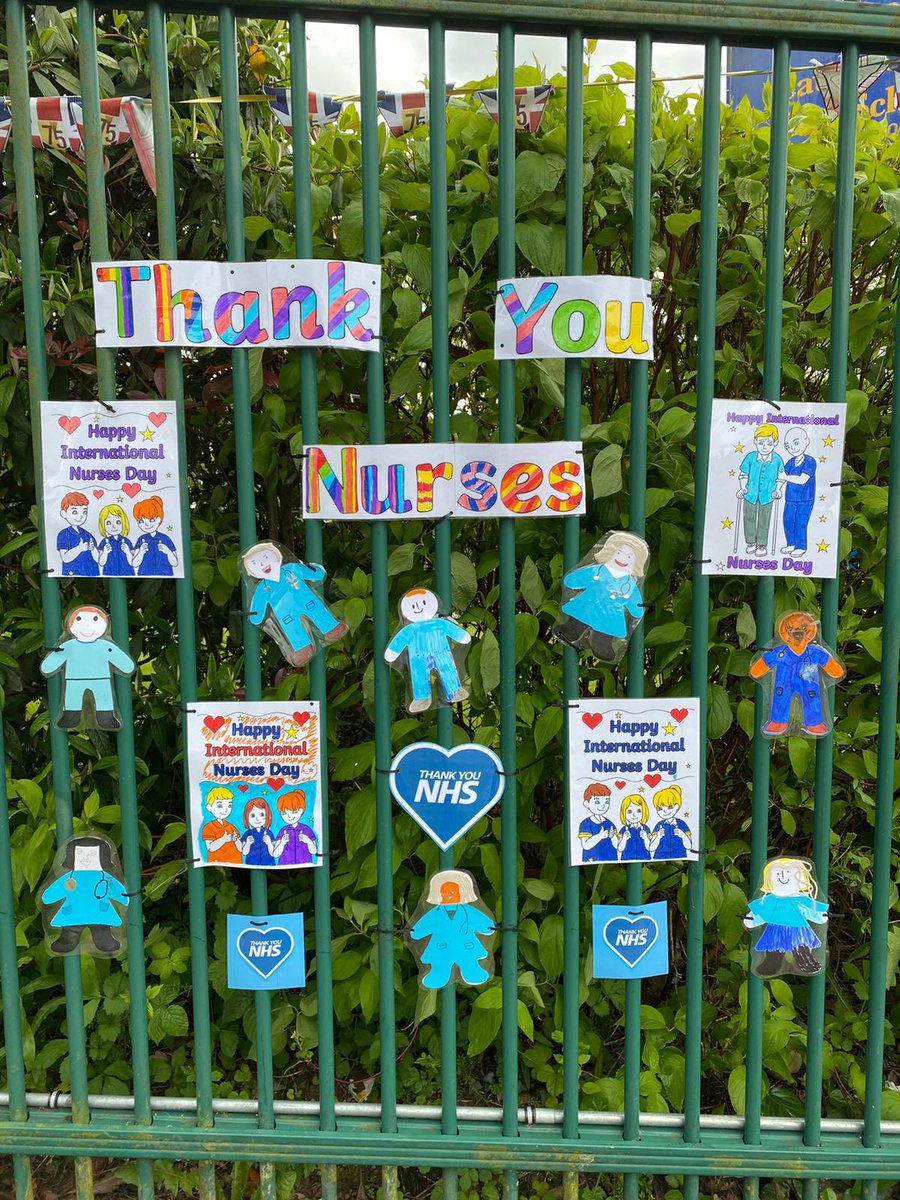 SaintPetersSch's tweet photo. 💙Our key worker children have created something wonderful for our fence to show support and appreciation for #InternationalNursesDay 💙 @qehbham @BWH_NHS @Bham_Childrens https://t.co/9huVaYLrNv