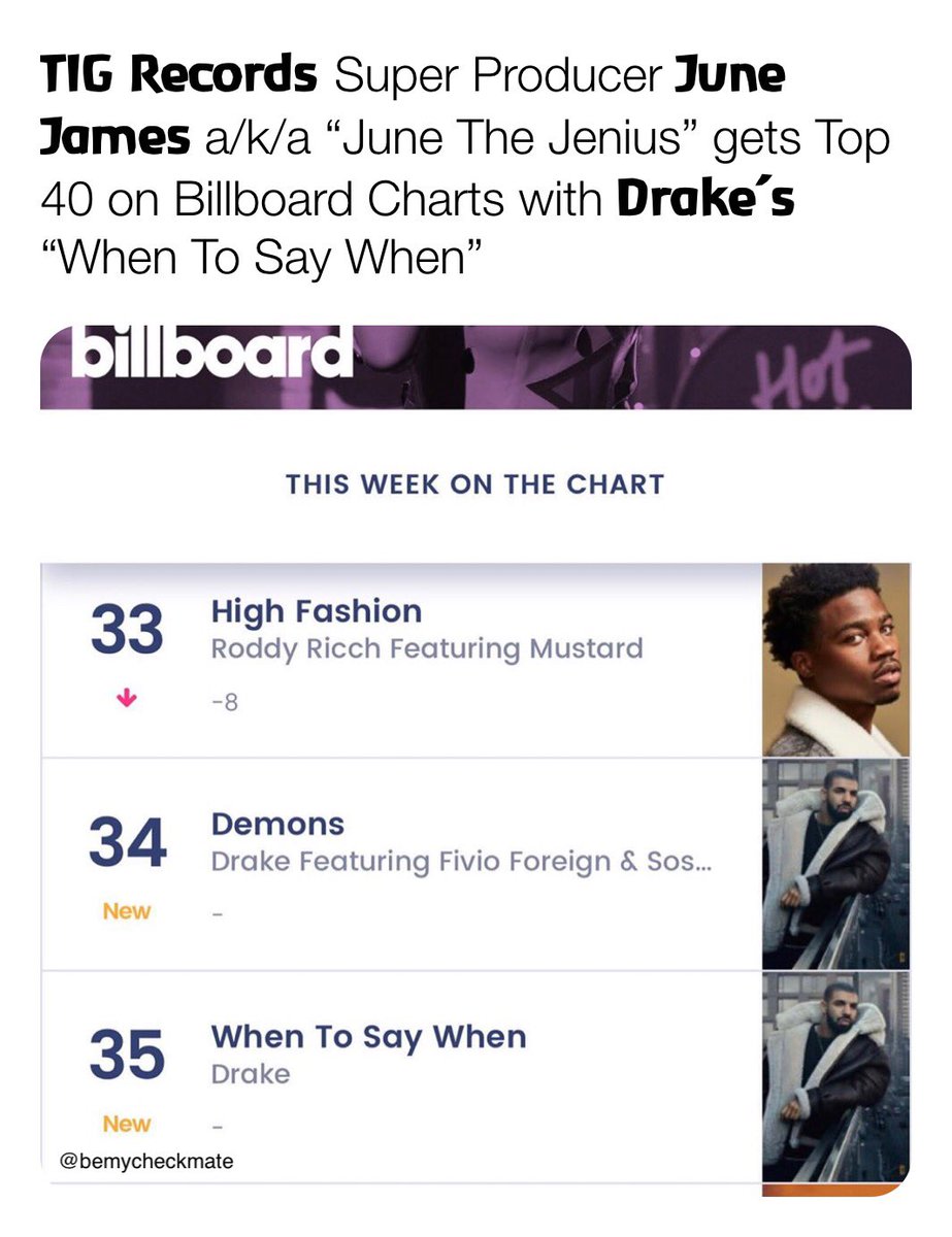 bemycheckmate86's tweet photo. Congratulations to #JuneJames on his Top 40 Billboard record with @Drake https://t.co/3fnA9vHqNb