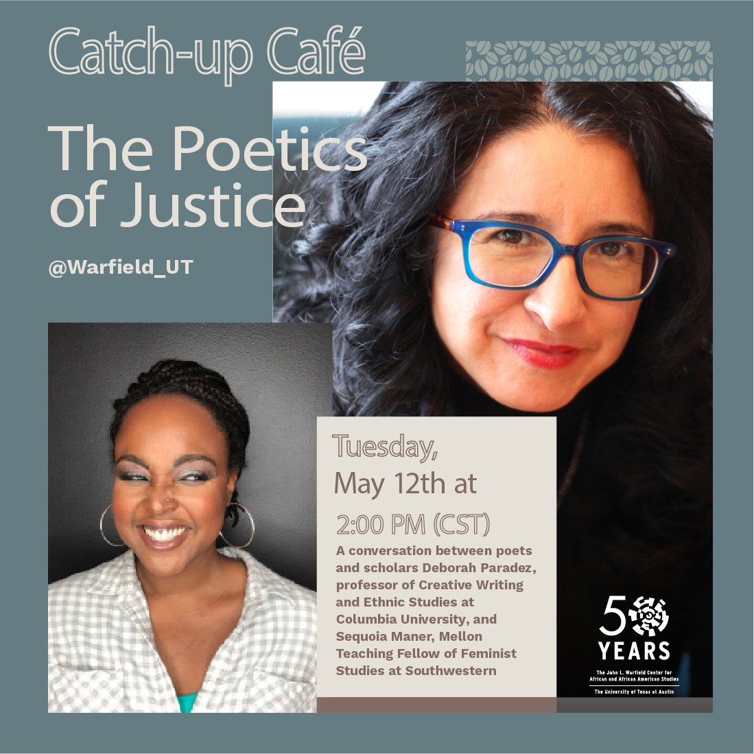 AADS_UT's tweet photo. We’re counting down the hours until @Warfield_UT #CatchUpCafe TODAY @ 2pm CST with poet-scholars @__Sequoia__  &amp; @debparedez 🗣📝📚

📱💻 Follow @Warfield_UT on @instagram and click LIVE Story to grab your seat ✅ https://t.co/LUuUVH8hSn