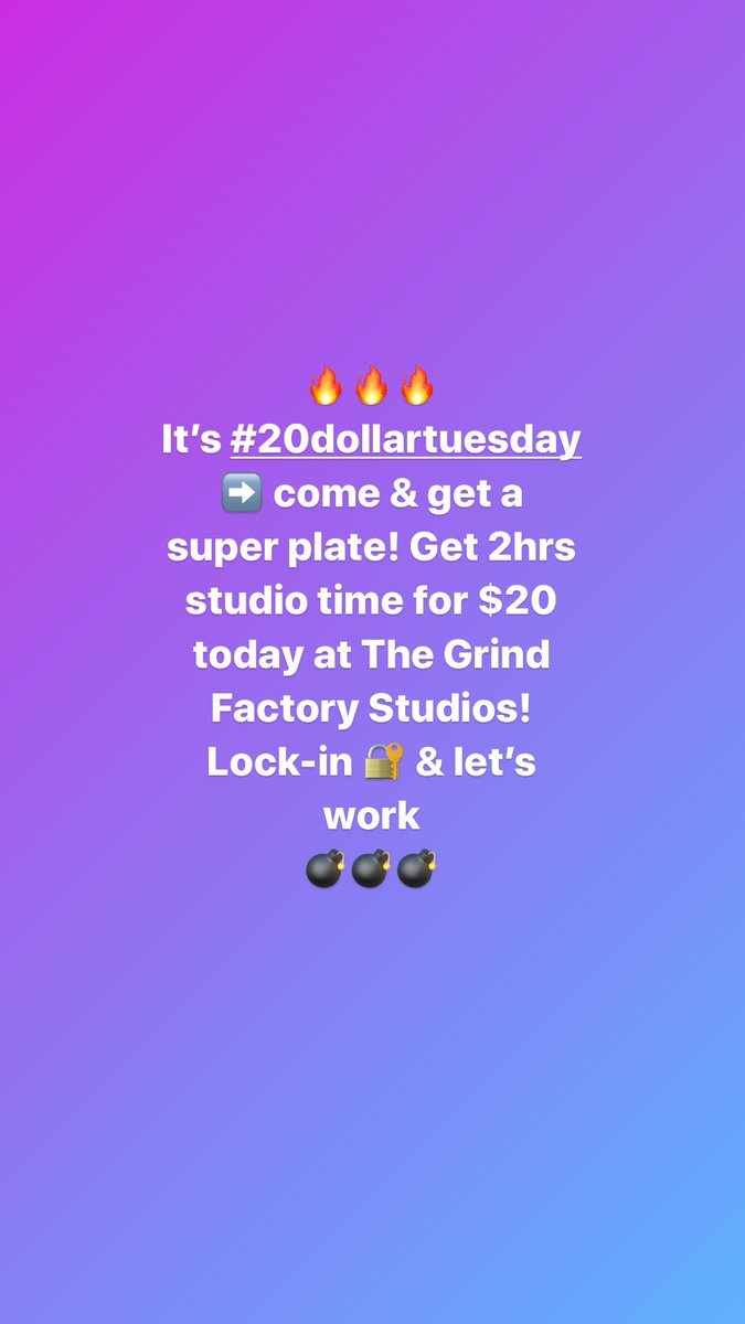 gtradioatl's tweet photo. #rt @grindfactoryatl || 🔥🔥🔥 It’s #20dollartuesday ➡️ come & get a super plate! Get 2hrs studio time for $20 today at da #Factory! Lock-in 🔐 & let’s work 💣💣💣 #GrindFactoryATL #grinddontstop #studiodeal #groupon #atl #lab #tuesday #session #booth #beats #coupon https://t.co/EDOKLVrWLX
