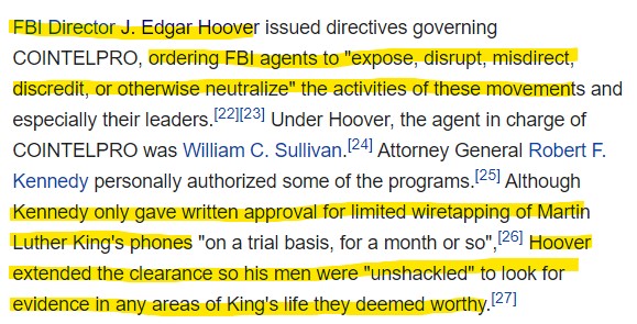 Two obvious points:1) A critique of the actions of a small clique of bad cops is not a critique of entire federal law enforcement apparatus.  @Comey is not an avatar for the entire FBI.2) Have we completely memory-holed J. Edgar Hoover?