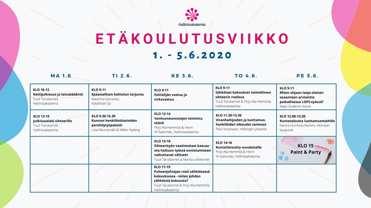 Hallinto's tweet photo. Järjestämme jälleen kesäkuun ensimmäisellä viikolla etäkoulutusviikon. Koko viikko koulutuksia, joista toivottavasti mahdollisimman moni kunnissa työskentelevä löytää jotakin itselleen. Ja viikko päätetään yhteiseen elämykseen eli etämaalaukseen. #etäkoulutusviikko https://t.co/rnR1i5jL0K