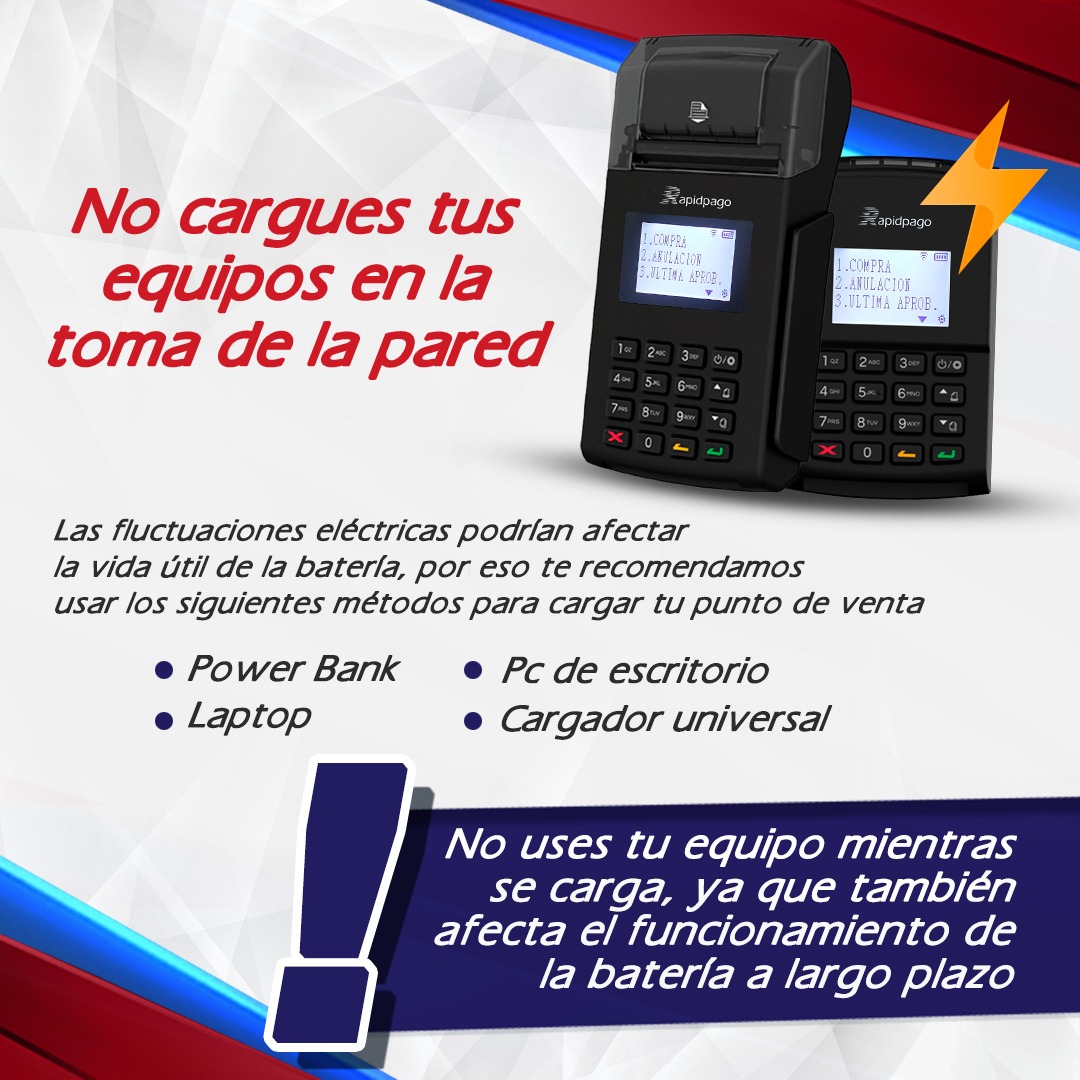 rapidpago's tweet photo. Te recomendamos no cargar tus equipos en la toma de corriente de la pared, ya que esta acción puede afectar la batería de tu punto de venta, acortando su vida útil.
Estos #RapidTips están diseñados para que conozcas el mantenimiento y uso correcto de tu POS
#RapidPago #bbpos https://t.co/Y3pMfzMjDM