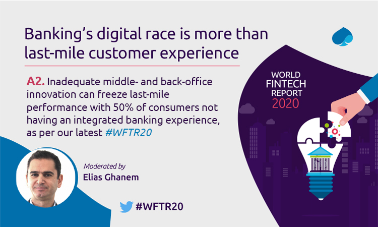 ghanem_elias's tweet photo. A2. Inadequate middle- and back-office innovation can freeze last-mile performance with 50% of consumers not having an integrated banking experience, as per our latest #WFTR20 https://t.co/wkEtE73ggS