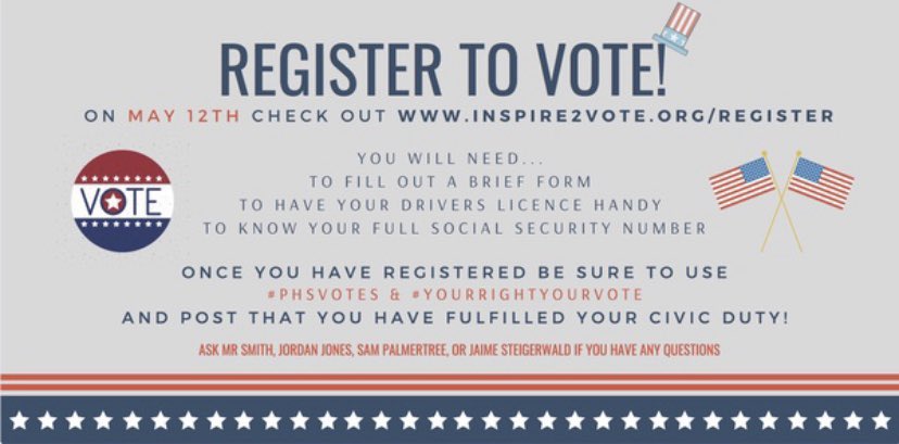 Jaime_stag's tweet photo. Hey @PoquosonHS, are you going to be 18 by Nov. 3rd &amp; still haven’t registered to vote yet?! No problem! Register online through our virtual voting drive. Let Mr Smith, @jordanjjones, Sam Palmertree, or myself know if you have any questions! #phsvotes #yourrightyourvote https://t.co/7nrzQqpLhh