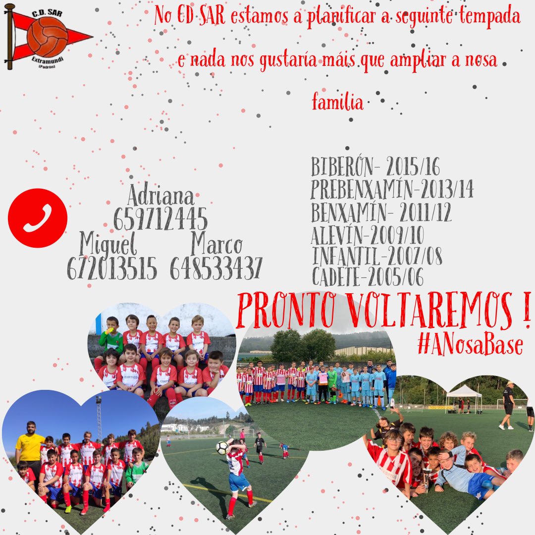 CdSarExtramundi's tweet photo. Pouco a pouco, nesta nova normalidade, comezamos a pensar en fútbol e no CD Sar xa estamos a planificar o ano que ven.
Comparte e axudanos a ampliar a nosa gran familia!! ❤️
PD: Este ano parece que si que contaremos con categoría Cadete no noso club 😉 https://t.co/AgpfIgF4uN