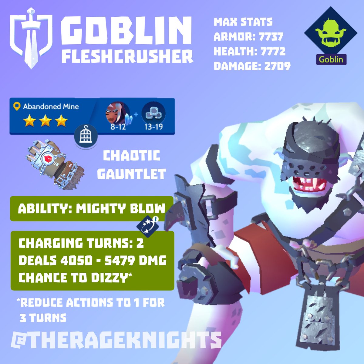 therageknights's tweet photo. MinionDex #10: Goblin Fleshcrusher
Who needs brain when you have muscles? Goblin Fleshcrusher is vulnerable to Burn and Expose, and resistant to Acid. It's very tanky and good to deal damage to your enemies. A great minion for those pvp battles.
@KnighthoodGame #jointheknighthood https://t.co/d9XU8TyCQc