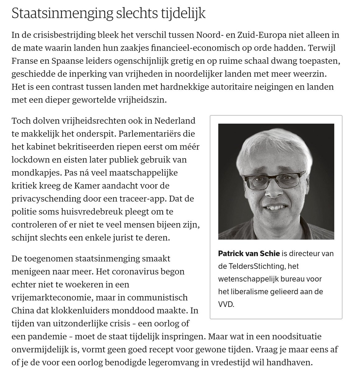 "French and Spanish leaders eagerly applied coercion, the curtailment of freedoms in the North was more restrained. It is a contrast between countries with persistent authoritarian tendencies and countries with a more deeply rooted sense of freedom"  https://www.nrc.nl/nieuws/2020/05/08/de-crisisaanpak-vraagt-om-politieke-beginselen-welke-a3999166