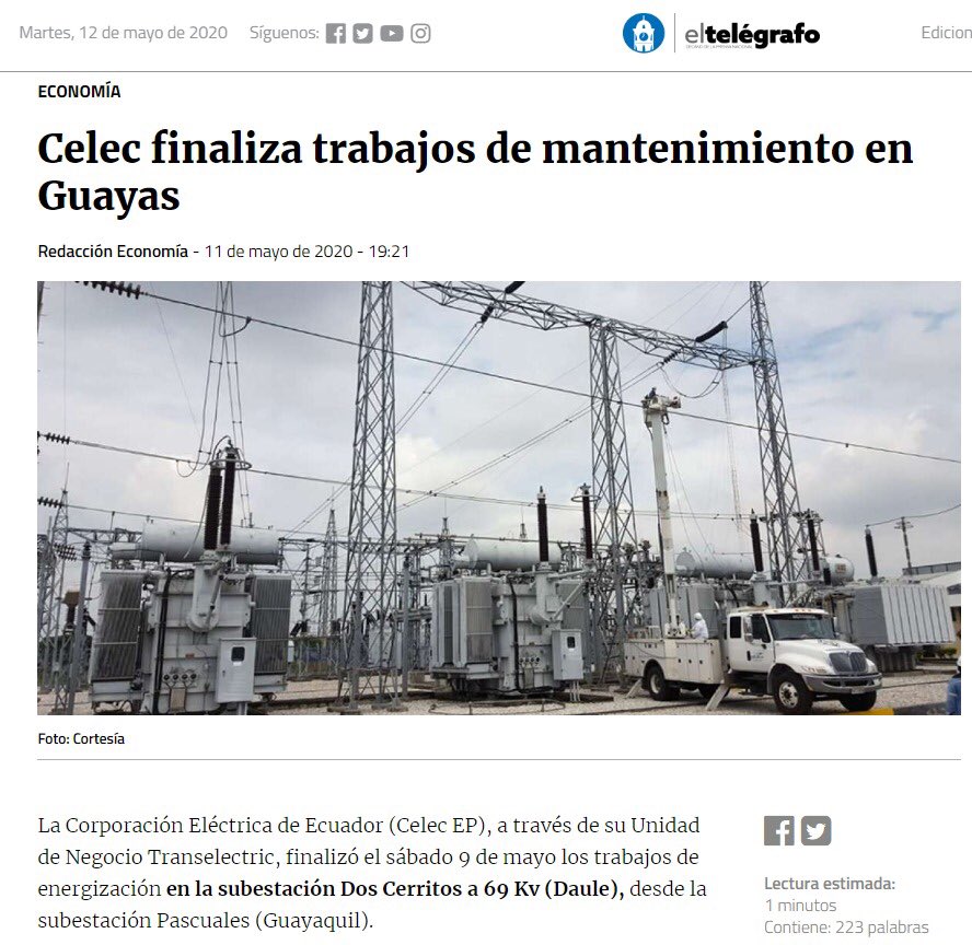 CELECEPOficial's tweet photo. CELEC EP EN MEDIOS | Les compartimos la publicación de @el_telegrafo sobre la finalización de trabajos de mantenimiento realizados por @EcTranselectric en la provincia de Guayas. #SectoresQueTrabajanPorTi https://t.co/sHs5XstsX3