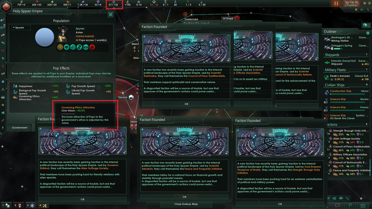 Riskke's tweet photo. Trying the new 2.7 @StellarisGame patch, just one thing... is this a joke? Playin' as a Spiritualist empire which happen to have all kind of ideas... Why all my generated pops have such difference ethics? https://t.co/mGSMaimiZq