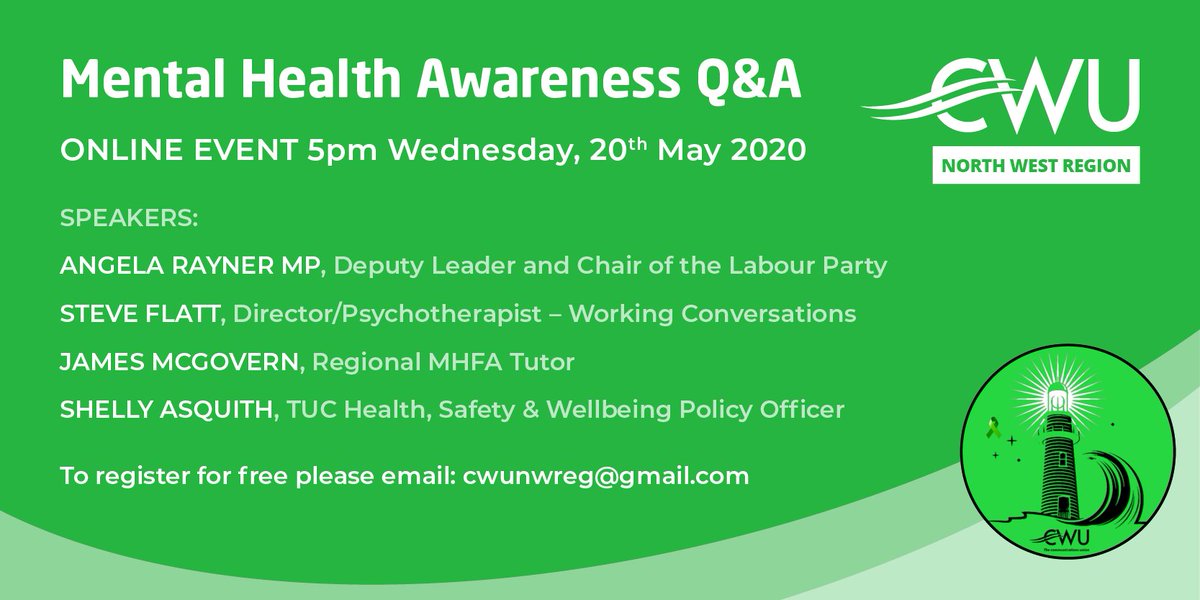 Carl Webb - #joinaunion (@nwcwu) on Twitter photo Sign up to take part in #TheCWU NW Mental Health Awareness Q&A (Zoom) by emailing: cwunwreg@gmail.com
Speakers: <a href="/AngelaRayner/">Angela Rayner</a> <a href="/ShellyAsquith/">Shelly Asquith</a> @steveflatt <a href="/JayJaymcgovern/">jay mcgovern</a> <a href="/CWUnews/">CWU</a> Sign up to take part in #TheCWU NW Mental Health Awareness Q&A (Zoom) by emailing: cwunwreg@gmail.com
Speakers: <a href="/AngelaRayner/">Angela Rayner</a> <a href="/ShellyAsquith/">Shelly Asquith</a> @steveflatt <a href="/JayJaymcgovern/">jay mcgovern</a> <a href="/CWUnews/">CWU</a>