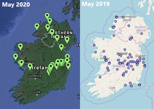 LapwingSurvey's tweet photo. Thanks to all who have submitted records to #ProjectLapwing, here is a map showing records from last May and today's data displayed. Number of observations are down but we are in extraordinary times.Please do take the time to enter observations of likely breeding #Lapwing. Pls RT https://t.co/uj6eACK8s7