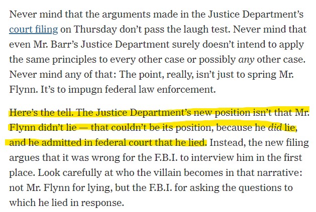 Here's the worst part of the  @neal_katyal op-ed.He suggests that DOJ stuck with its position that Flynn lied.That's false. It's literally on page 2 of the DOJ brief: they do not believe they can prove Flynn made false statements beyond a reasonable doubt.