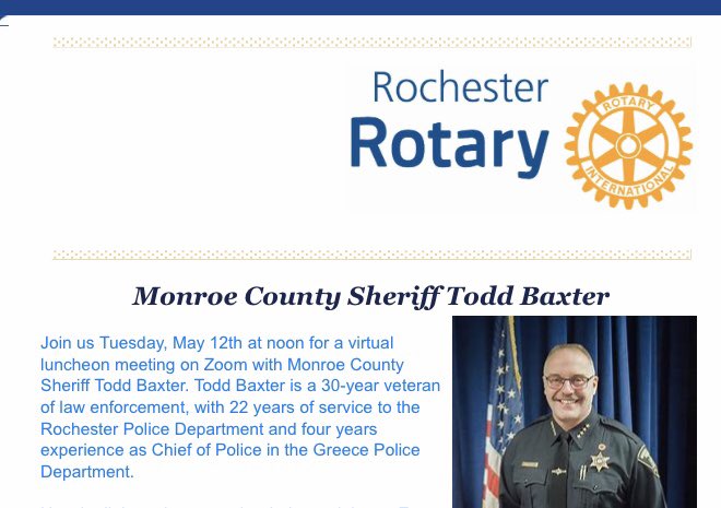 monroesheriffny's tweet photo. Conversation with @Sheriff_Baxter at today’s #rochesterrotary meeting at noon. @Sheriff_Baxter will be discussing MCSO’s preparedness for and response to #COVID19 https://t.co/HgEJkMrBFv