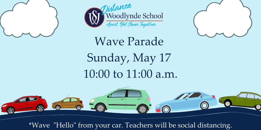WoodlyndeSchool's tweet photo. Woodlynde School colleagues hope to see students and families at this Sunday's Wave Parade, a Lower School event! Come by the back parking lot of the school and wave to us all from the comfort and safety of your car. #DistanceWoodlynde #socialdistancing #wavehi https://t.co/NTqI5sJsQy