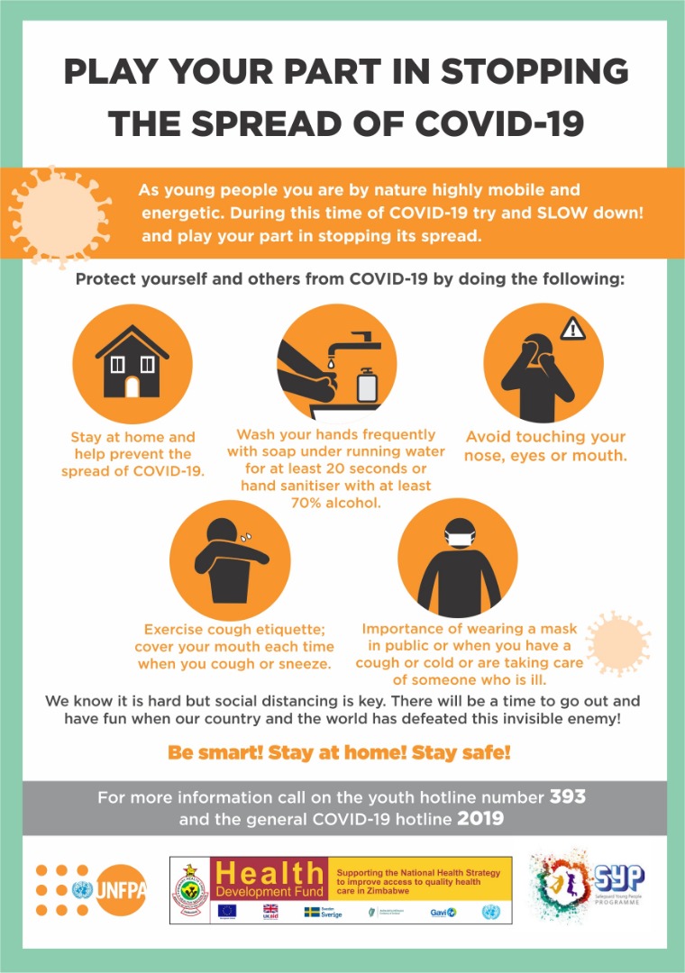 UNFPA_Zimbabwe's tweet photo. ATT: Young people 🗣️🗣️

We know young people are, by nature - highly mobile but at the moment #StayAtHomeSaveLives. Remember to wash hands with water &amp; soap or alcohol based sanitiser. 

Read the poster for other life saving tips and where to get help. #COVID19 https://t.co/D2HOct4SjT