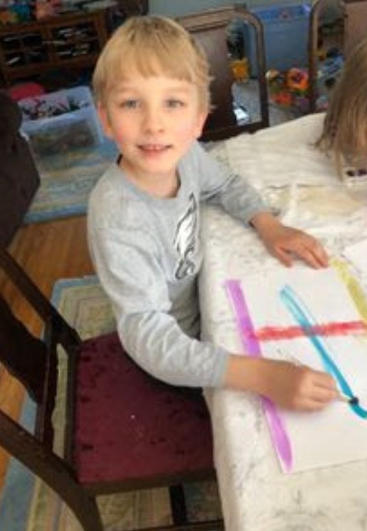 MsPatt6's tweet photo. When painting from home he was able to teach everyone "you have to Swirl the brush three times" to clean it! I'm so glad he's teaching everyone some material management! 

You rock Thomas! 

@Englishvillage2  @GreeceCentral https://t.co/f2FWbtsQhm