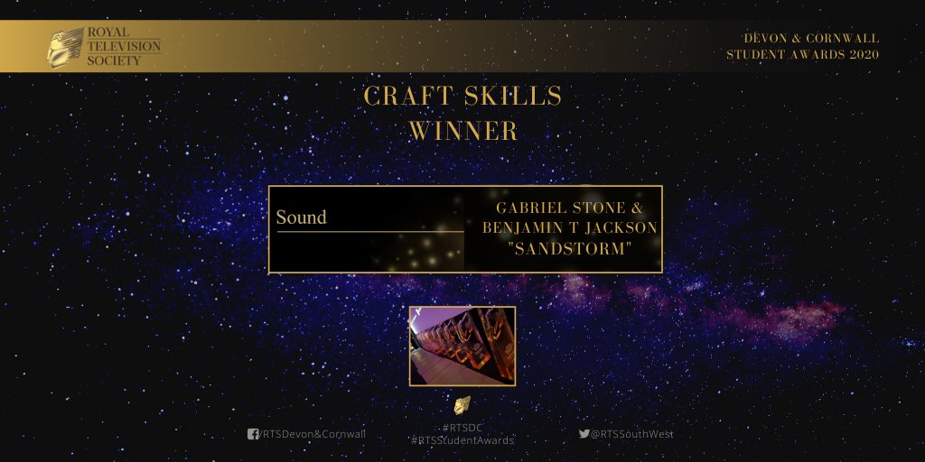 RTSSouthWest's tweet photo. An epic, cinematic production. Judges praised the film for excellent soundtrack and effective use of emotive sound.
The award for Sound in Craft Skills goes to Gabriel Stone & Benjamin T Jackson “Sandstorm”
#RTSDC #RTSStudentAwards
@RTS_media @SoFTFalmouth
@FalAnimationVFX https://t.co/rDNmClPaU5