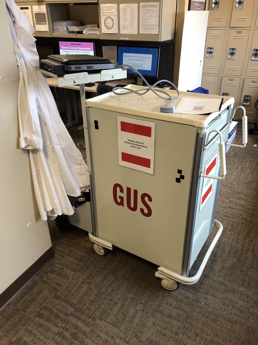 Meet GUS, our fully stocked supply cart w/ ultrasound attached! He roams around the hospital (w/ a highly trained proceduralist) helping to perform all types of bedside procedures.Say hi if you see him, he loves getting out of the workroom!#POCUS @VUMCHospitalMed @VUMCMedicineRes
