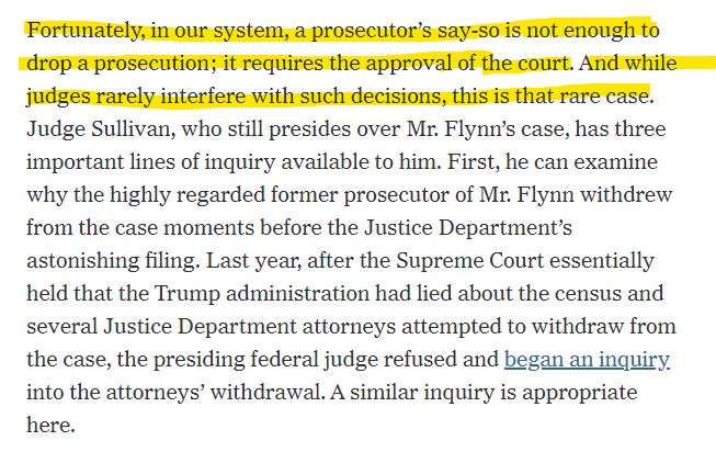 Katyal suggests that the Judge Sullivan should "interfere" DOJ's decision to drop the Flynn case.At best, this is misleading; at worst it's lawless.