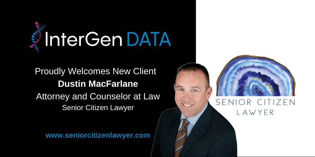 InterGenData's tweet image. InterGen Data is proud to welcome @SeniorCitizenLawyer as a new client! Our team is honored and privileged to be chosen by Dustin MacFarlane, Attorney at Law, to provide health and wealth life event data 🧬 @Rob_InterGen 
 
#InterGenData #LifeEvents #Data