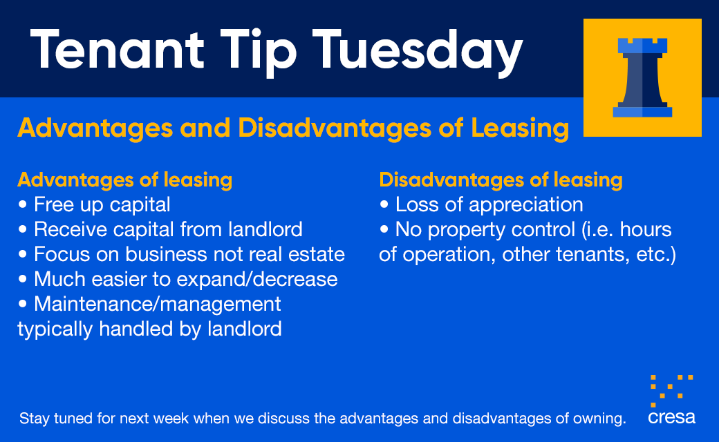 CresaIndy's tweet photo. Tenant Tip Tuesday: Advantages and Disadvantages of Leasing. Are you currently evaluating your options? We can help you create a Lease vs. Own analysis. #tenanttiptuesday #cresa #cre https://t.co/IRA07A6HQ7