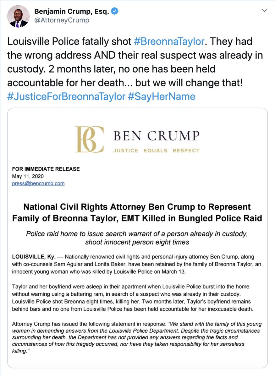 ajplus's tweet photo. A Black EMT was killed by Louisville police in March when they stormed her home while she was asleep, says a lawsuit.

Police were looking for a suspect already in custody who did not live there, it says. They shot her 8 times.
#BreonnaTaylor was 26.

(Photo: family/@wave3news) https://t.co/F89jBHiRcJ