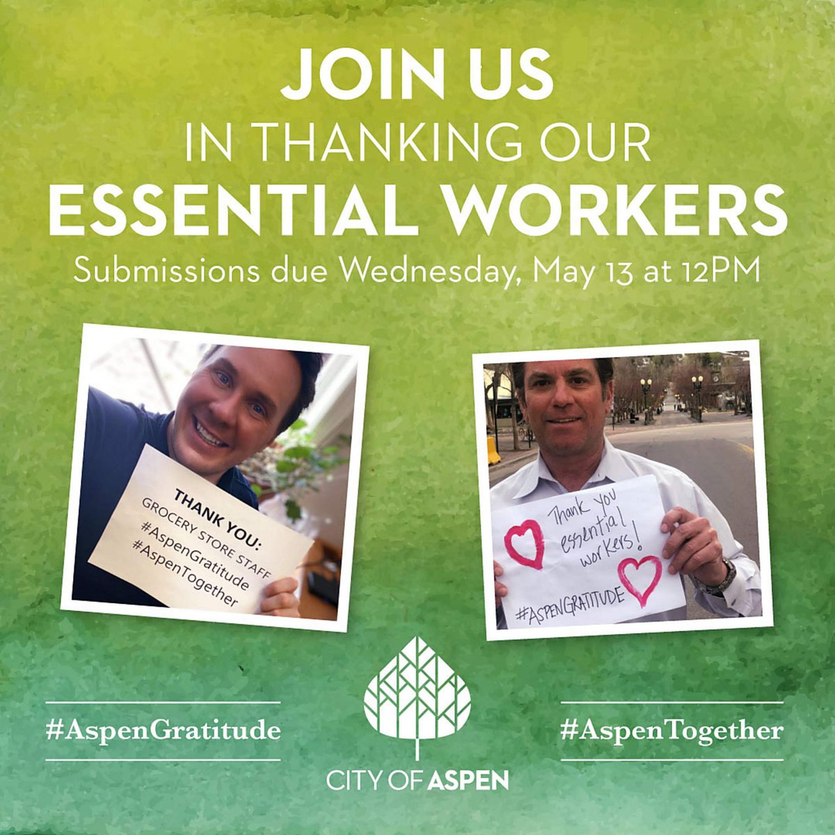 TheAspenTimes's tweet photo. .@cityofaspen launches ‘Aspen Gratitude’ project as a tribute to essential workers. Deadline to submit your thanks is Wednesday. https://t.co/MJ768TmM9l #AspenTogether #AspenGratitude https://t.co/2hfGVwjMKV